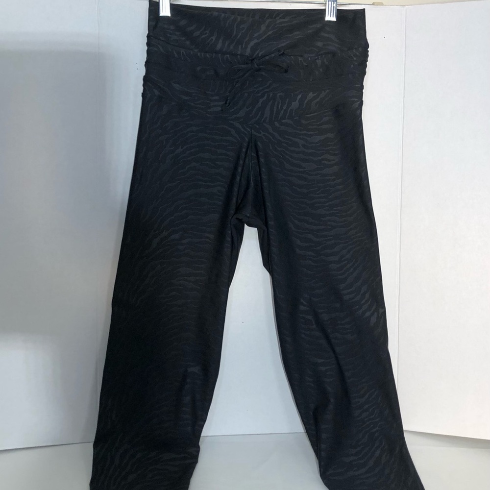 EXOTICA Leggings Black Yoga Pants SZ L High Waist Zebra Print Front Tie Aussie